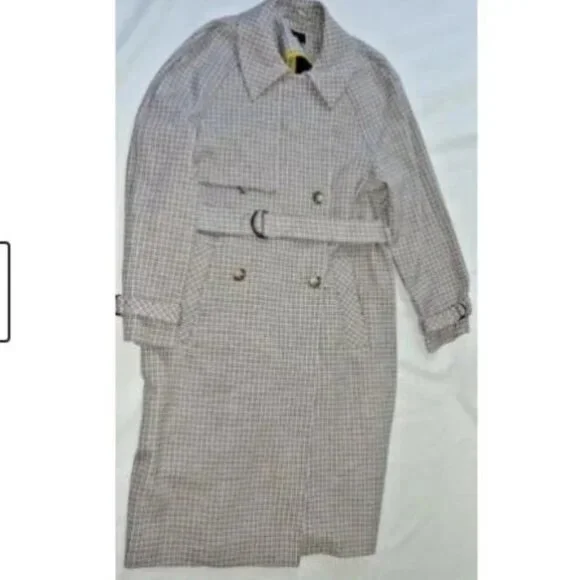 🆕TOPSHOP Angie Double Breasted Trench Coat Houndstooth Plaid Blue Gray - Picture 8 of 12